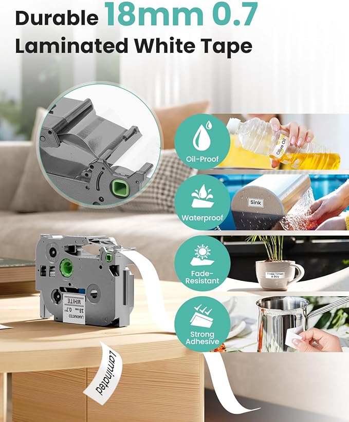 Label KINGDOM 18mm 0.7 Inch Laminated White Tape Replace for Brother Label Maker Tape TZe-241 Compatible with P Touch TZ TZe 3/4" Black on White TZE241 for PTD410 PT-D400 PT-D610BT PTD600, 3-Pack
