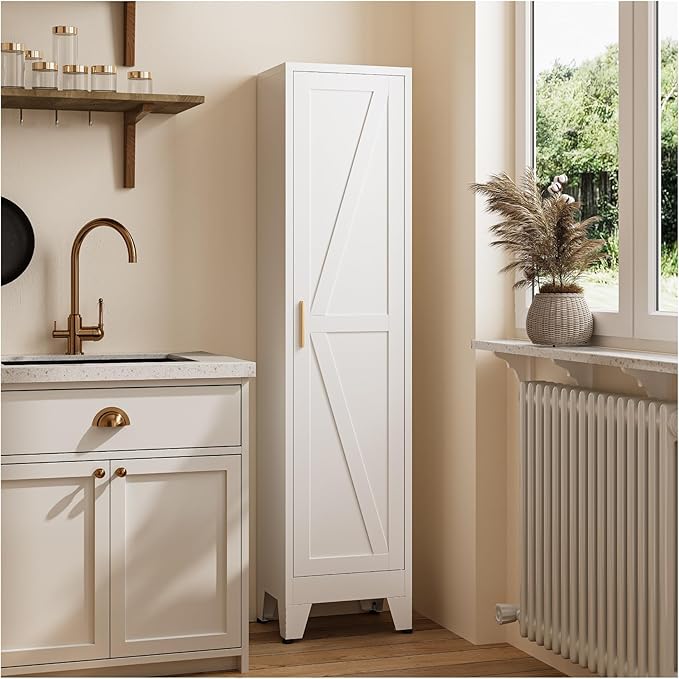 YNIQUESTLE 67" Tall Storage Cabinet with Reversible Doors and Adjustable Shelves,Metal Slim Freestanding Cabinets for Bathroom Kitchen Garage Small Spaces,White