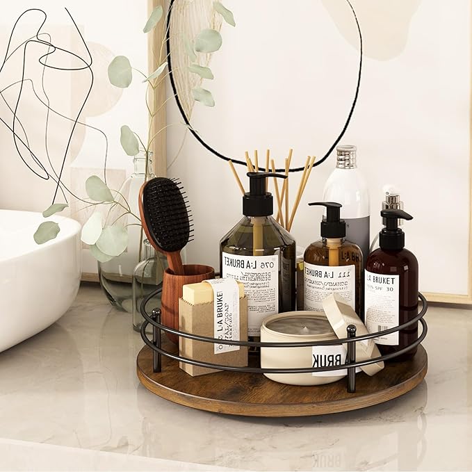 LIAISIMI 12" Lazy Susan Turntable Organizer,Round Wooden Lazy Susan Organization and Rotating Spice Rack for Dining Table,Pantry,Kitchen Countertop,Vanity,Cupboard and More. (Heightened Version,Round)