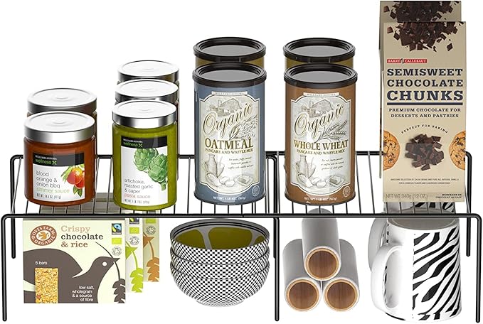 GEDLIRE Kitchen Cabinet Expandable Shelf Organizers Set of 4, Adjustable Metal Wire Pantry Storage Shelves, Plate Dish Organizer Rack for Cabinets, Cupboard, Counter, Freezer, Countertop, Black