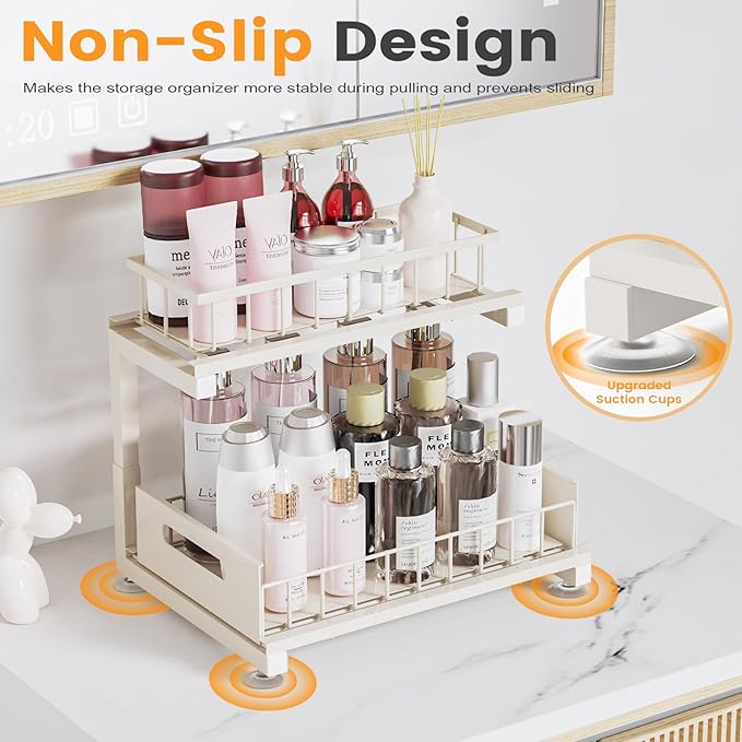 Toyear Under Sink Organizer, Heavy Duty Metal Pull Out Cabinet Organizer Slide Out Sink Shelf Organizer Height Adjustable, Multi-Purpose Storage Shelf for Kitchen Bathroom(Sand,1Pack)