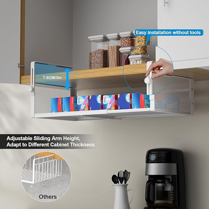 2Pack Under Shelf Basket, Adjustable Hanging Under Cabinet Shelf Storage, Hanging Holder Length Stretchable 14.9-22.6Inch for Kitchen Pantry Desk Counter Bookshelf Cupboard (White)