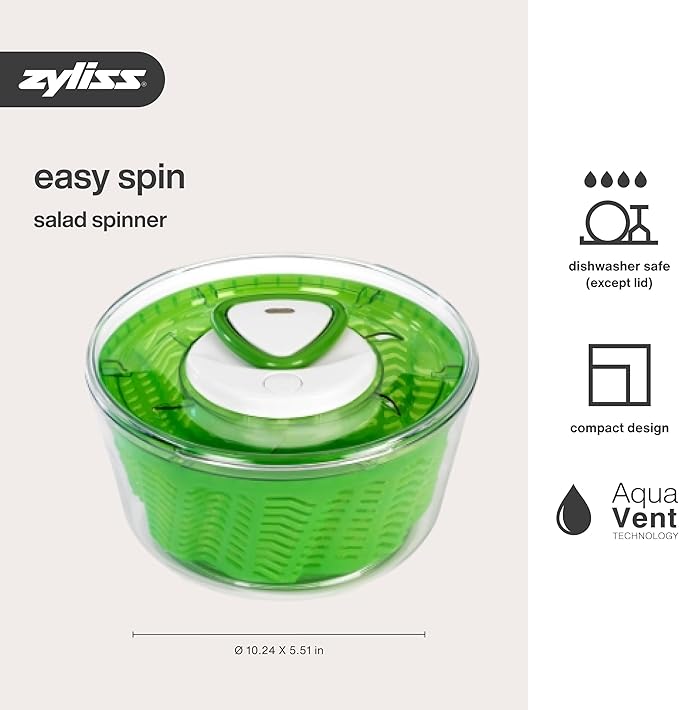 Zyliss Easy Spin 2 AquaVent Large Salad Spinner - Salad Spinner with Pull Cord - Salad Bowl for 4 to 6 Servings - Manual Vegetable and Fruit Dryer - Vegetable Spinner with Brake - Green, Large