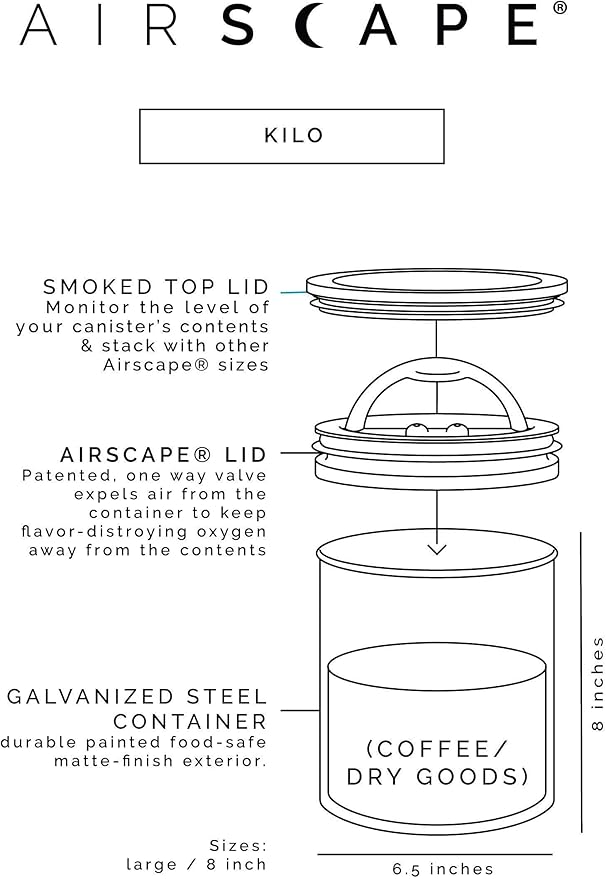 Airscape Kilo Coffee Storage Canister & Scoop Bundle Large Food Container, US Patented Airtight Lid 2-Way Valve Preserve Food Freshness, 2.2 lb Dry Beans (Large Kilo, Matte Gray & Brushed Steel Scoop)