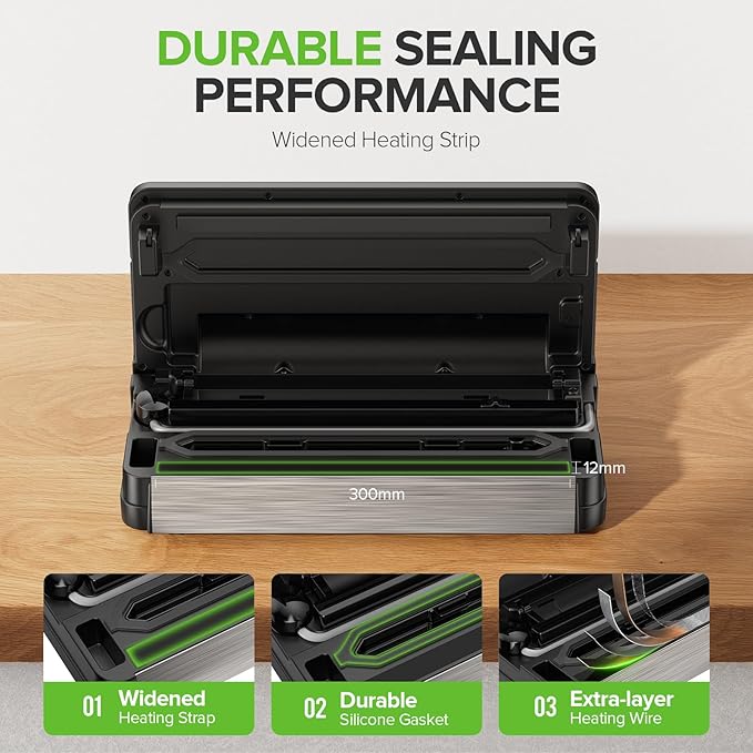 95kPa Vacuum Sealer Machine, Fully Automatic Food Sealer, Touch Display, 10-in-1 Functions & Powerful Sealing System with Double Heat Seal, Easy-Lock Handle, Built-in Cutter(Black)