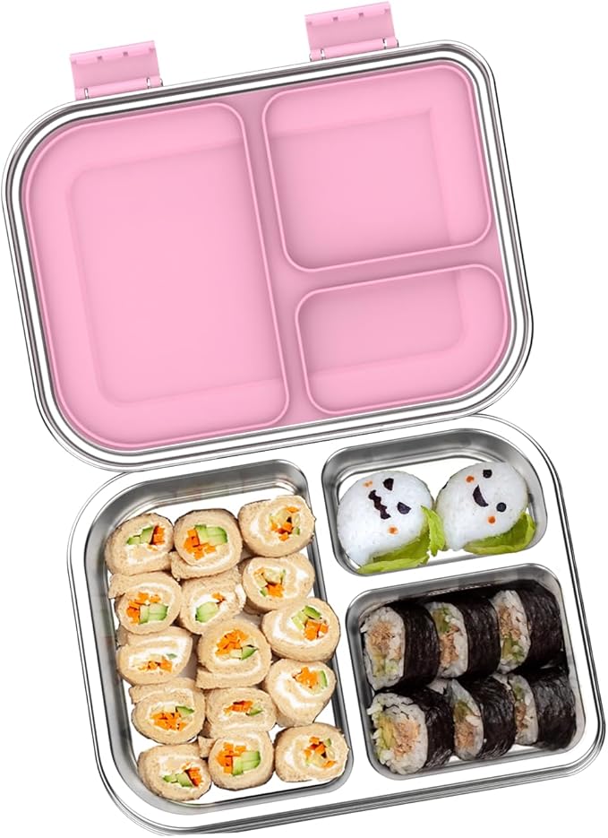 Stainless Steel Bento Box for Kids 1000ml - 3 Compartment Lunch Box for Adults, Leakproof Food Container, BPA-Free Metal Lunch Box with Silicone Seal, Eco-Friendly/Dishwasher Safe (Pink)