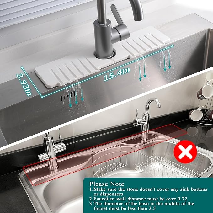 Stone Faucet Mat for Kitchen Sink,Stone Sink Mat for Kitchen Faucet – Fast Drying Diatomite Mat Splash Guard with Drain Grooves,Quick Dry Drip Catcher for Bathroom & Kitchen(15.75×3.94in)
