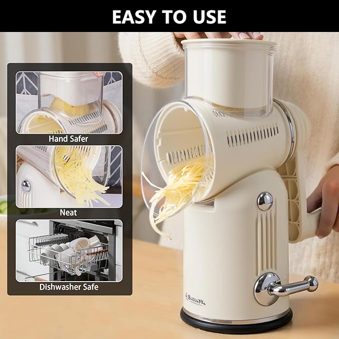 SLEEKDR 5 in 1 Rotary Cheese Grater Vegetable Slicer with Handle - Upgraded Hand Crank Cheese Grater with Handle and Strong Suction Base, Multi-Purpose Vegetable Slicer with 5 Well-Designed Blades