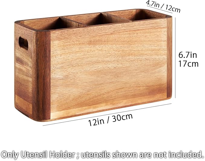 SANOSY 12" Wooden Kitchen Utensil Holder, Extra Large Acacia Wood Organizer for Cooking Tools, Utensils & Cutlery Storage – 3-Compartment Countertop Holder