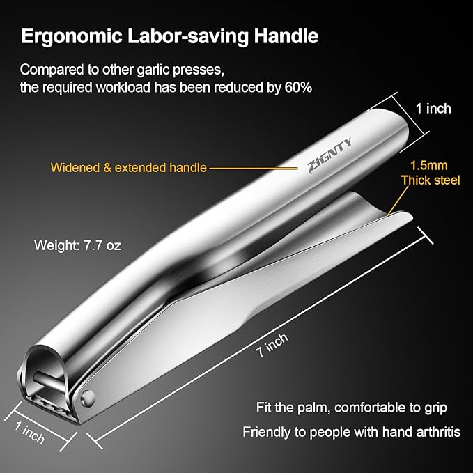 ZIGNTY Garlic Press Stainless Steel，Professional Garlic Mincer Tool No Need to Peel，Dual Lever-Assisted Garlic Masher with Large Chamber，High Effective Garlic Crusher & Garlic Presser Dishwasher Safe