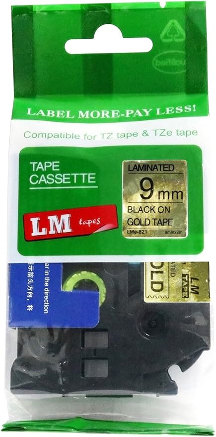 1/Pack LM Tapes - LMe821 Premium 3/8" Black Print on Gold Label Compatible with P-Touch TZe-821 Tape and Includes Tape Color/Size Guide. Replaces TZ-821 9mm 0.35 Laminated.