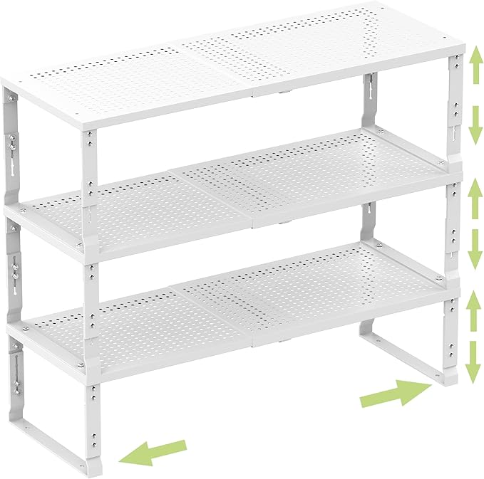 Zilvando Heavy-Duty Adjustable Metal Shelf Organizer - Expandable & Stackable Pantry Storage Rack for Kitchen, Bathroom, RV, Cabinets(3 Packs/White,Medium)