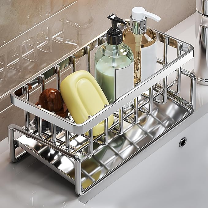 Sponge Holder for Kitchen Sink Caddy: Rustproof Stainless Steel Kitchen Sink Organizer for Sponges Brushes Dish Cloths Scrubbers, Durable Large Storage Draining Rack for Bathroom Counter