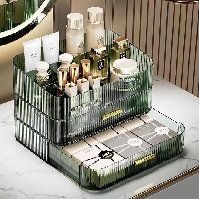 Makeup Organizer for Vanity, Large Desk Organizer with Stackable Drawer for Cosmetics, Skincare, Lipsticks, Eyeshadow Palette, Nail Care, Ideal Storage for Dresser and Bathroom Countertop-Green