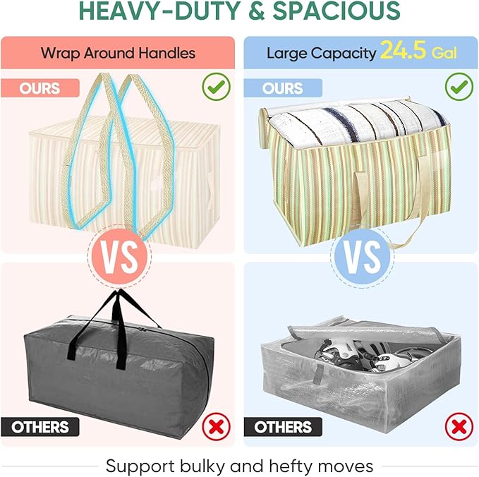 BALEINE 8-Pack Oversized Moving Bags with Reinforced Handles, Heavy-Duty Storage Tote for Clothes, Moving Supplies (Color Strip, 8-Pack)