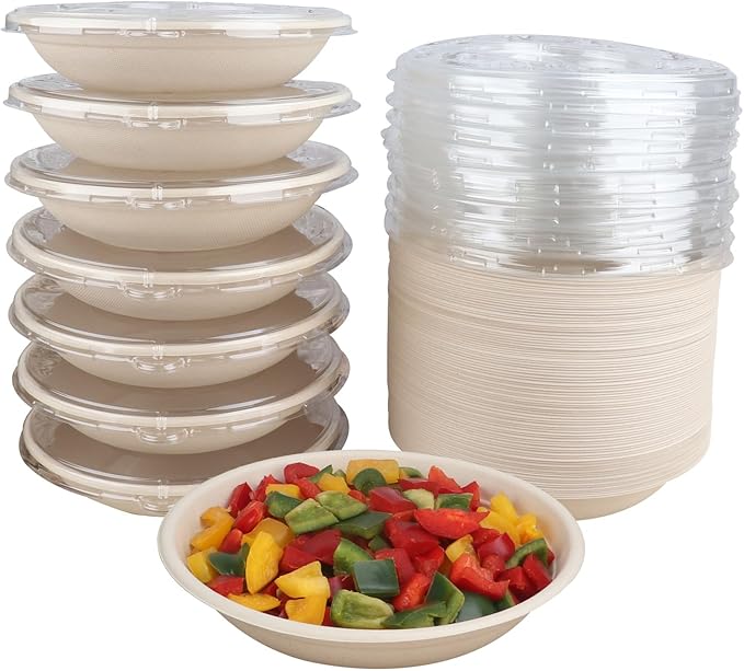 JAYEEY 24 oz Round Disposable salad bowls with lids,Sugarcane Paper Bowls take away food containers Bagasse Plant Fibers 50 Pack
