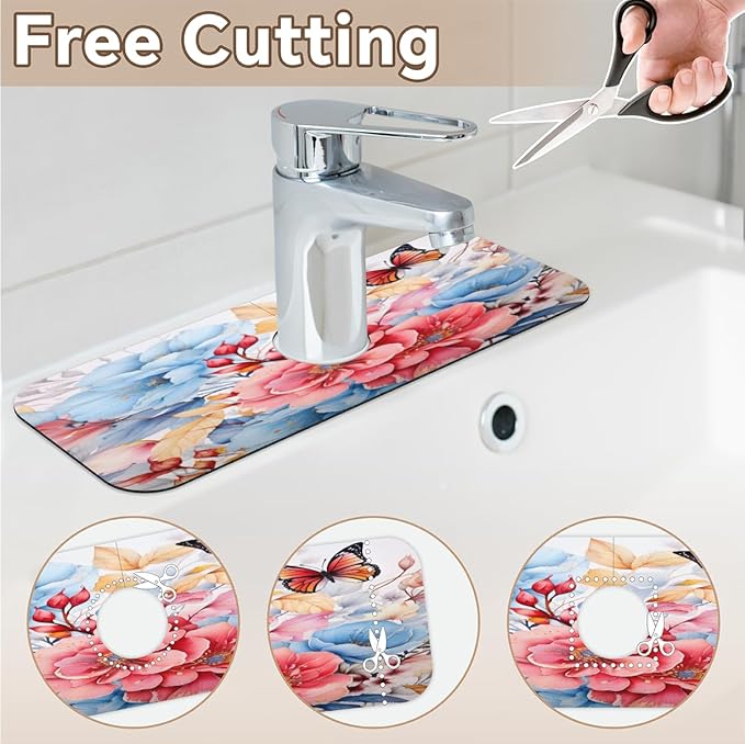 Pastel Flower Fusion Kitchen Faucet Mat Splash Guard, 15.4”x5.7” Absorbent Quick Drying Sink Mat for Countertop Protection, Draining Mat Sink Protectors For Kitchen Bathroom, 2 Pack