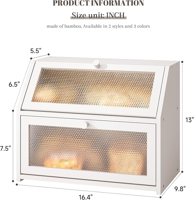 STDDRE Bread Box for Kitchen Countertop Bin Double Layer Bread Box Storage Container Extra Large Capacity Farmhouse with Diamond Pattern Windows (White, Large)