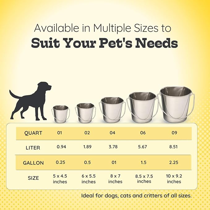 6 Quart Stainless Steel Flat Side Bucket | Durable Heavy Duty Food & Water Feeding Pails for Dog Cat Goat Sheep | Fits kennels Cages Critter Crates Hanging Pet Pail | Multipurpose Buckets