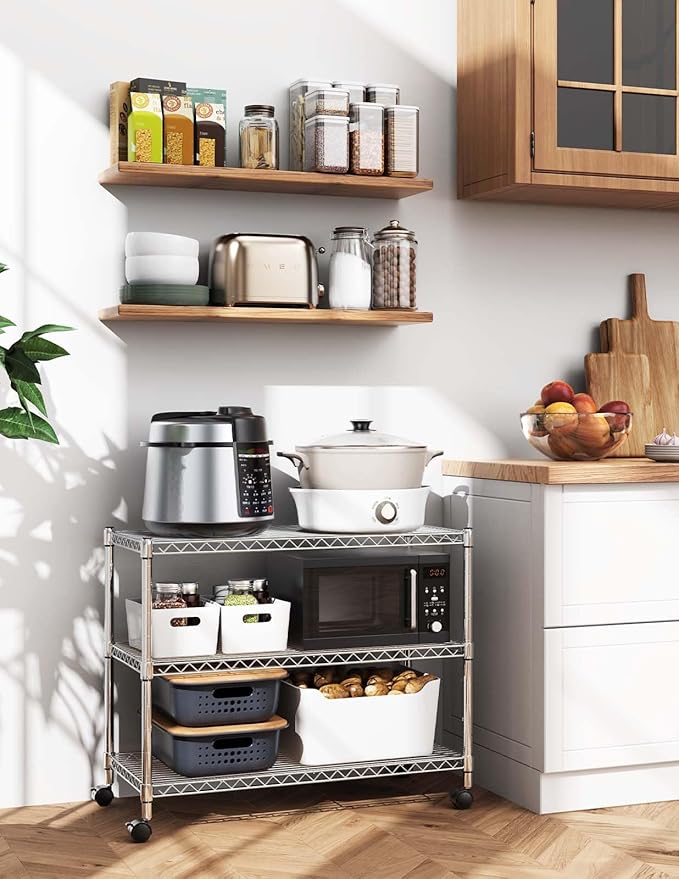 YSSOA Heavy Duty 3-Tier Storage Shelves 750Lb Capacity, 24.02" D x 13.78" W x 21.97" H Shelving Unit for Pantry, Garage, Laundry and Kitchen, Chrome