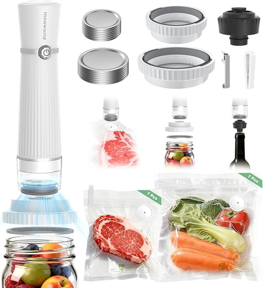 3-in-1 Vacuum Sealer for Food Compatible with Vacuum Bag, Mason Jar, Wine Bottle, Handheld Saver Compact Vacuum Sealer Machine with 14 Reusable Bags, 14 Mason Jar Lids, Wine Stopper