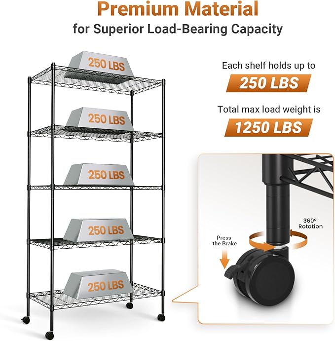 YSSOA Heavy Duty 5-Shelf Storage Shelving Unit, 1250lbs Loading Capacity, 29.92" D x 13.98" W x 62.99" H Adjustable Steel Organizer Wire Rack, Black, 2 Pack