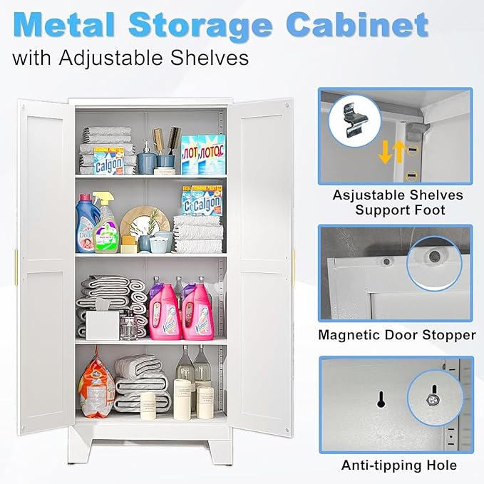 erosoei 61.02”H Pantry Storage Cabinet, Kitchen Storage Cabinets with Adjustable Feet and Shelves, Metal Pantry Cabinet for Kitchen, Living Room, Laundry Room and Dinning Room (2door-White)