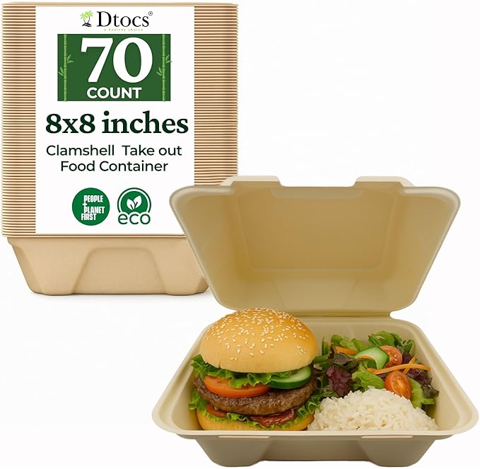 Dtocs Compostable Clamshell To Go Food Containers 8x8-70 Pc | Bamboo Fiber Heavy-Duty Disposable Microwavable Carry Out Container | Biodegradable Take Out Containers with Lids For Home, Chefs
