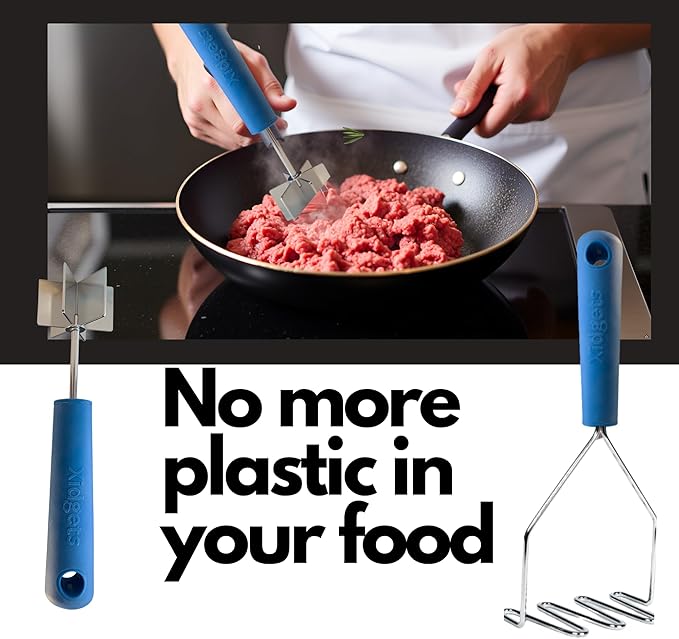 2pc Box Set - Stainless Steel Meat Masher & Large Potato Masher with Soft Grip Handle – Heavy Duty Handle & Mashing Head for Ground Beef, Meat, and More – Dishwasher Safe (Lagoon Blue/Lagoon Blue)
