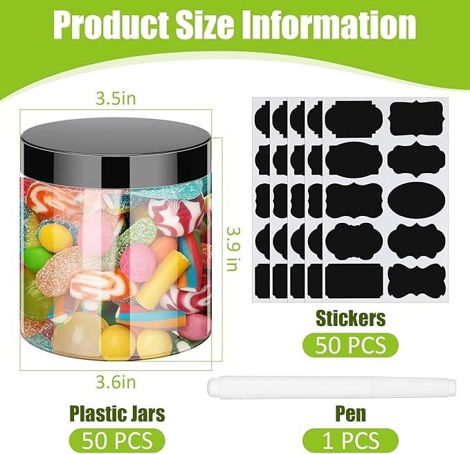 Zubebe 50 Pack 16 oz Plastic Jars with Lids Clear Plastic Mason Jars Airtight Containers Refillable Round Empty Container for Dry Food Storage, Cookie, Honey, Candy(Black)