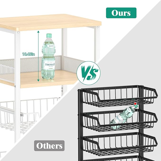 Giwil Vegetable Fruit Basket for Kitchen Pantry Organizers Storage, 4-Tier Utility Rolling Cart on Wheels with Wood Rack and Drawer Wire Baskets for Onions Potatoes Snacks, White