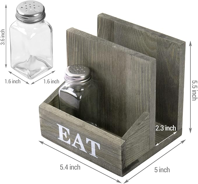 MyGift Napkin Holder with Salt and Pepper Shakers, Vintage Gray Solid Wood Table Napkin Holder, 2 Compartment Salt and Pepper Holder and Condiment Server with White EAT Label