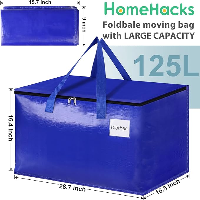 HomeHacks Moving Bags Heavy Duty with Strong Zippers and Handles Collapsible Moving Supplies, Storage Totes for Packing & Moving Storing 125L,4-Pack, Blue