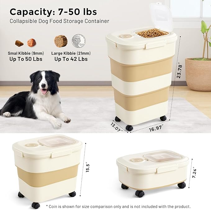 45-50lbs Dog Food Storage Container, Large Capacity Collapsible Airtight Pet Food Storage Containers with Rolling Wheels, Transparent Lid, Scoop and Date Track, Khaki