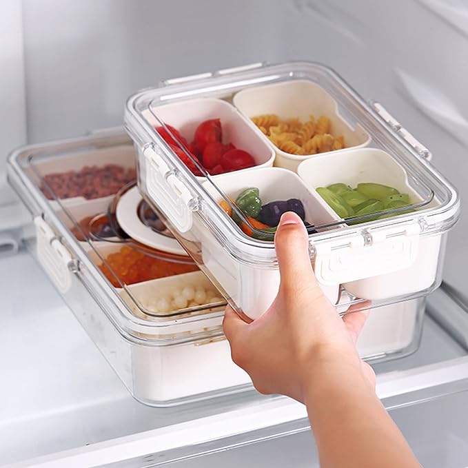 Plastic Divided Serving Tray with Lid and Handle Snack Box Charcuterie Container Portable Snack Platters Organizer for Candy, Fruits, Snacks, Nuts, for Party, Entertaining (White 4 compartments)