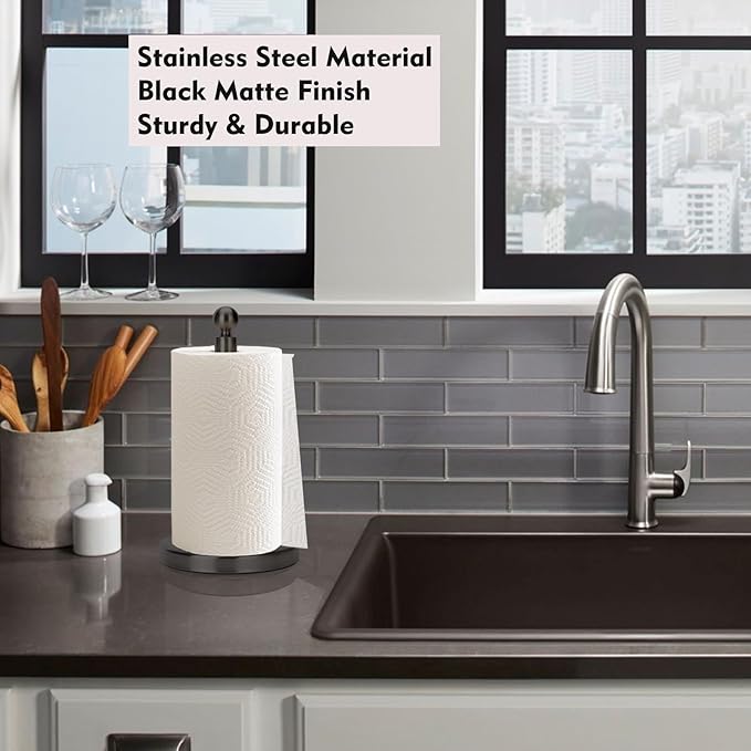 Kalitro Paper Towel Holder Countertop, Standing Paper Towel Roll Holder for Kitchen Bathroom, with Weighted Base for One-Handed Operation, No Wobbly (Stainless Steel Base, Black)