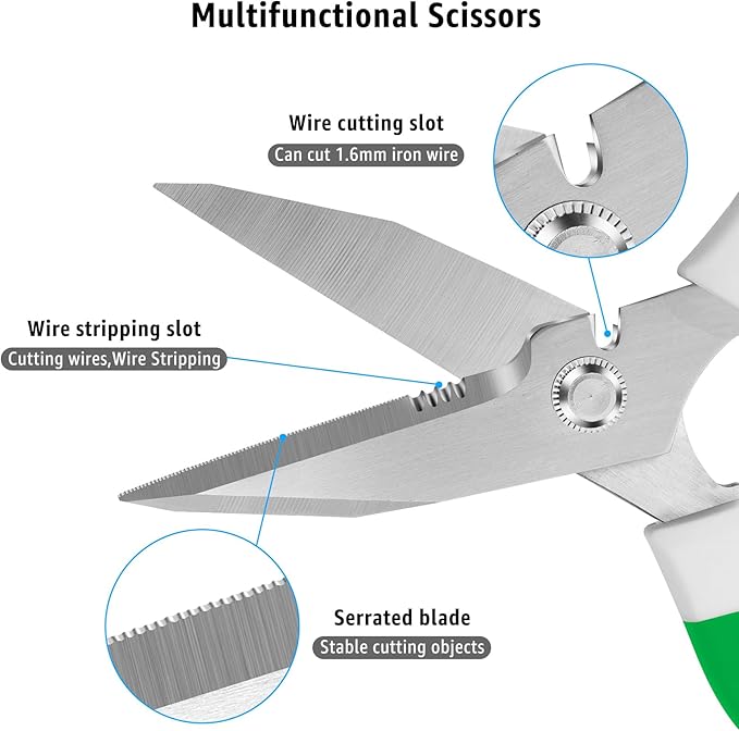 BoFuYuan 8-Inch Utility Scissors All Purpose Heavy Duty, Serrated Blade, Green Comfort Grip for Cutting Carpet, Cardboard, Leather, Fabric, Multipurpose Sharp Shears for Kitchen, Garden, Office, Carft