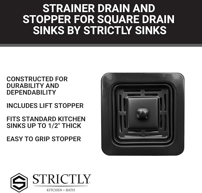 Strictly Sinks Stainless Steel Sink Strainer for Kitchen Sink - Stain Resistant Kitchen Sink Strainer with Large Collection Basket,Sink Drain Strainer for All Square Drain Sinks (Black)