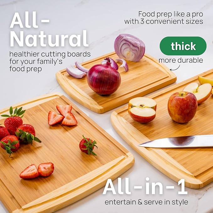 Organic Bamboo Cutting Board Set of 3 with Lifetime Replacements – Premium Extra Large Wood Cutting Boards for Kitchen with Juice Grooves for Carving & Serving, Non Toxic & Durable by Greener Chef
