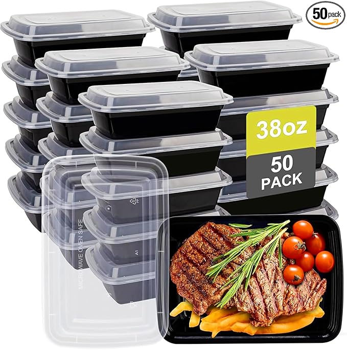 kkyvvy Meal Prep Containers 38oz 50 Pack Plastic To Go Food Containers, Disposable To Go Containers with Lids BPA Free, Microwave/Dishwasher/Freezer Safe