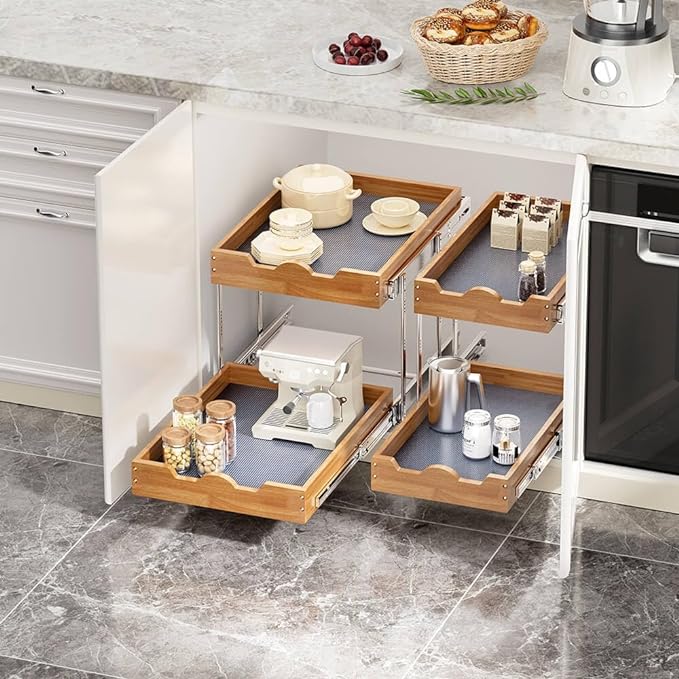 OCG 2 Tier Pull Out Cabinet Organizer (17"W x 21"D), Double Tier Slide out Wood Drawer Shelf, Pull Out Shelves for Base Cabinet Organization in Kitchen, Pantry, Bathroom