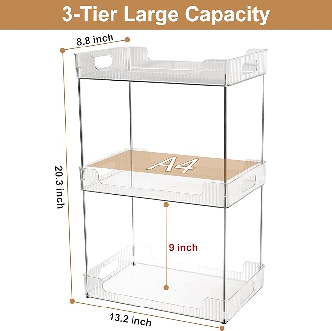 Goderewild 3 Tier Bathroom Counter Organizer, Multi-Purpose Cosmetics Skincare Shelf, Fits A4 Size Makeup Organizer for Office and Vanity Tray, Countertop Storage Solution for Kitchen,Bath.(Clear)