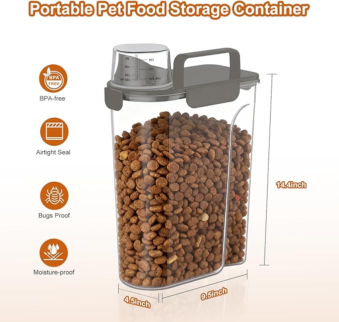 Dog Cat Food Storage Container, 5-7Lbs Pet Food Containers, Airtight Cat Food Container with Portable Handle & Measuring Cup, Small Animal Dry Food Dispenser for Dogs, Cats and Birds Grey