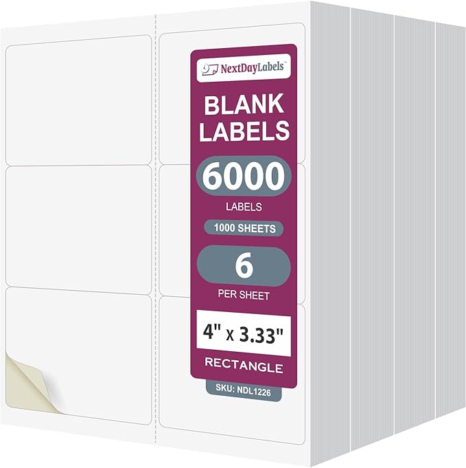 NextDayLabels 4x3.33 Inch Rectangle Stickers White Blank Labels for Laser Inkjet Printer - 6 Per Sheet Self-Adhesive Shipping Address Mailing Made in USA - 6,000 Labels