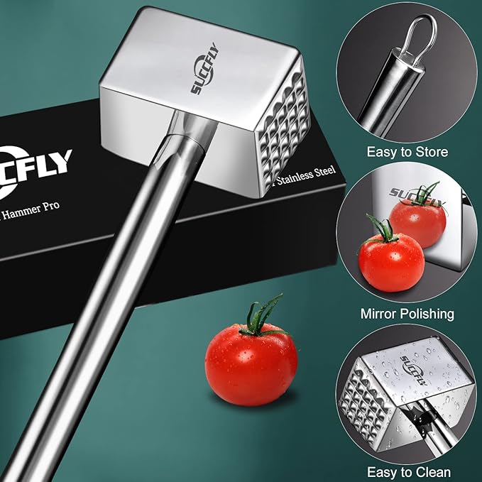 SUCCFLY Meat Tenderizer Stainless Steel, Heavy Duty Meat Hammer, Kitchen Meat Mallet 1.65LB Meat Pounder Flatterner Weighted Hammer Extended Handle for Labor-saving Chicken Steak Meat Tenderizer Tool