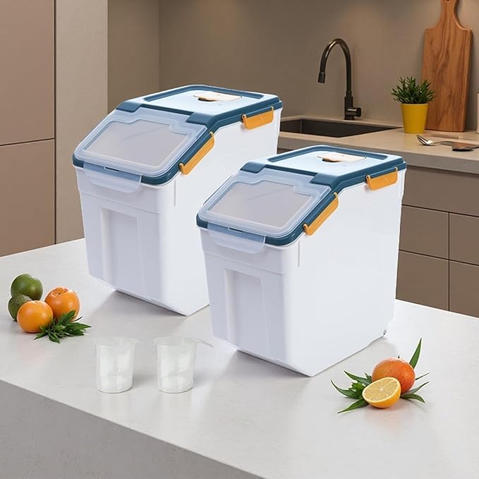 PENCK Large Flour Storage Container Bin 40lbs (2 Pack) - 50lb Rice Dispenser with Locking Lid, Measuring Cup & Scoop - Kitchen Pantry Organizer for Cereal, Grain (Blue)
