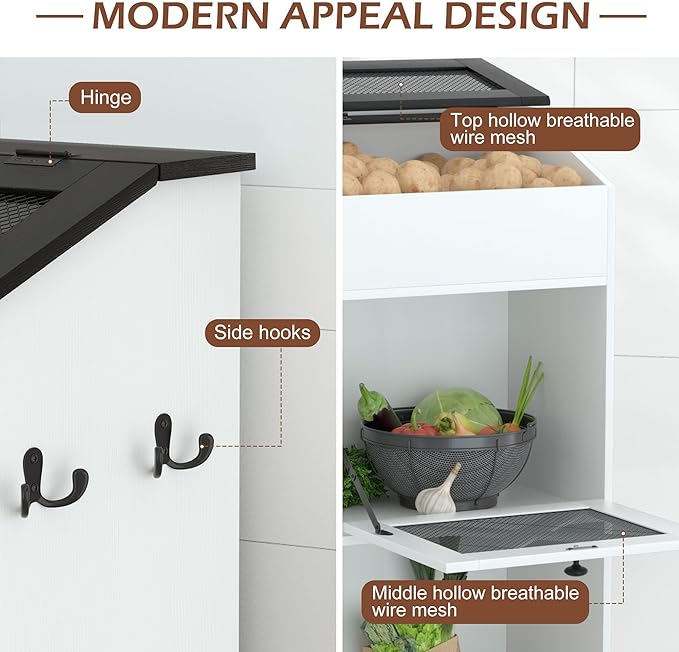 Wooden Potato and Onion Storage Bin w/Lid, Large Capacity and Ventilated Design, Ideal for Pantry, Kitchen White