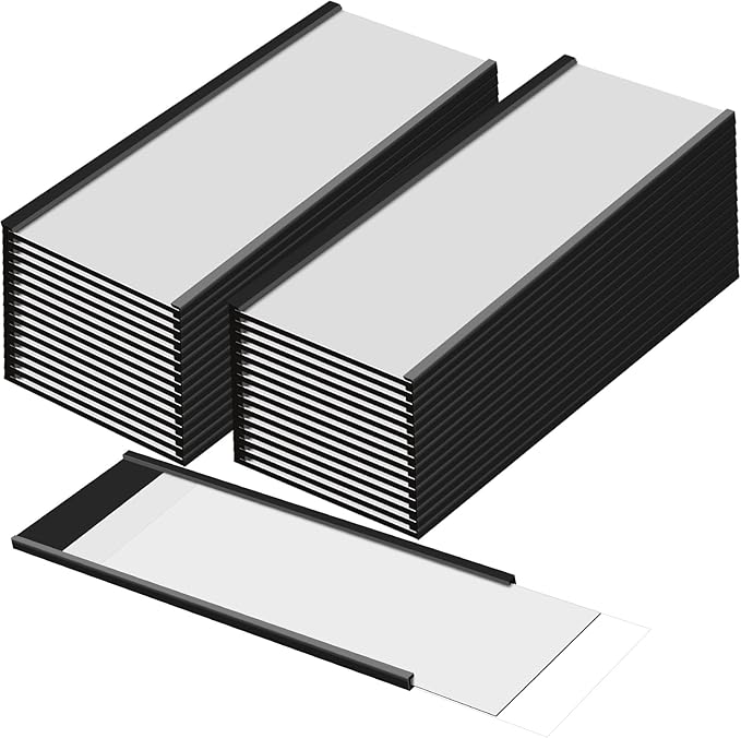 Gueevin 50 Pcs Magnetic C Channel Label Holders 3 x 8 Inch Label Holders Magnet Name Plate with Paper Inserts and Clear Plastic Protectors for File Cabinet Shelf Toolbox Drawer