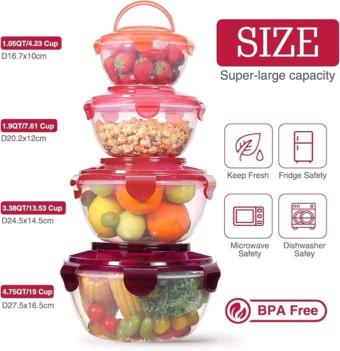 LUXEAR 4-Piece Mixing Bowls with Lids Set - Airtight Leakproof Storage Bowls with Handle for Fridge & Outdoor Picnics, BPA-Free Meal Prep Bowls Dishwasher Safe for Cooking Mixing Serving Storing