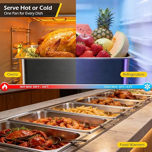 Dyna-Living 6 Pack Hotel Pans Full Size, 6 Inch Deep Stainless Steel Steam Table Pan with Lids Anti Jam Stackable Commercial Food Pans for Buffet Hotel Home Restaurant Party Catering Supplies